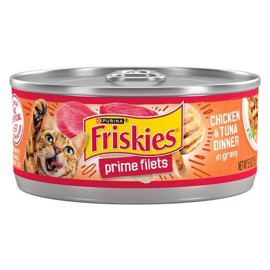 Purina Friskies Prime Filets Chicken & Tuna Dinner in Gravy Wet Cat Food, 5.5 oz Can