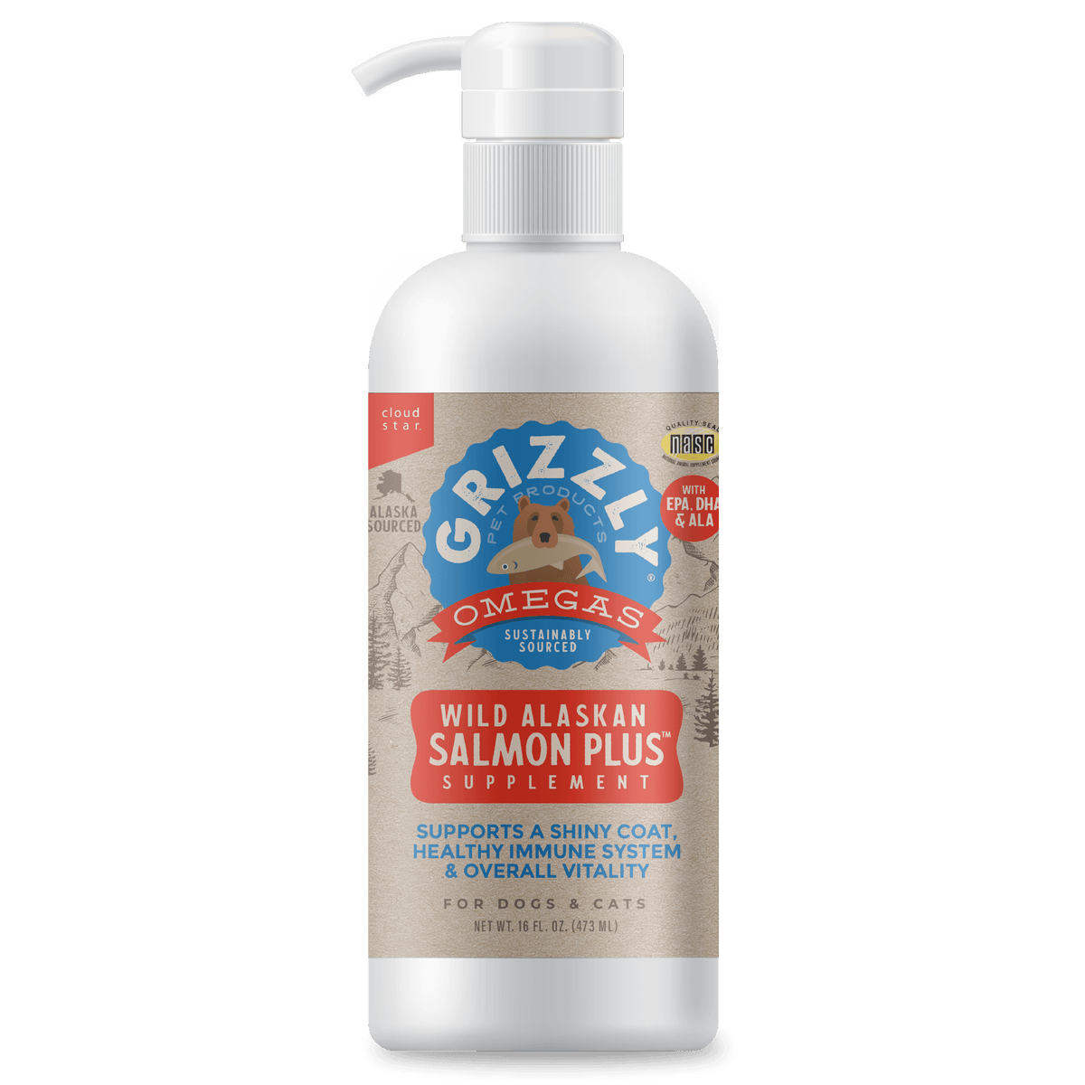 Grizzly Salmon Plus Wild Alaskan Salmon Oil Supplement for Dogs & Cats, 8 oz