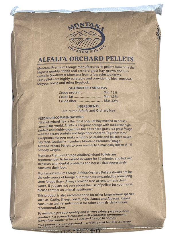 Bag label showing guaranteed analysis, ingredients and feeding recommendations for Montana Premium Forage Alfalfa Orchard Pellets